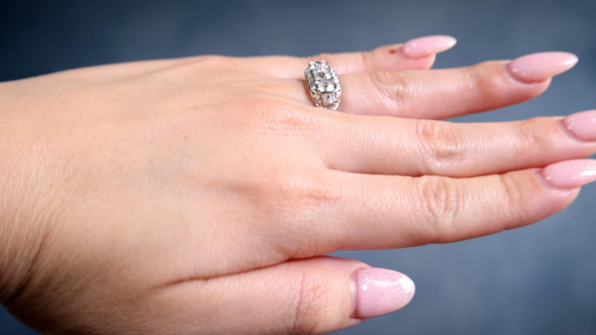 Women's or Men's Art Deco Old Mine Cut Diamond Platinum Ring