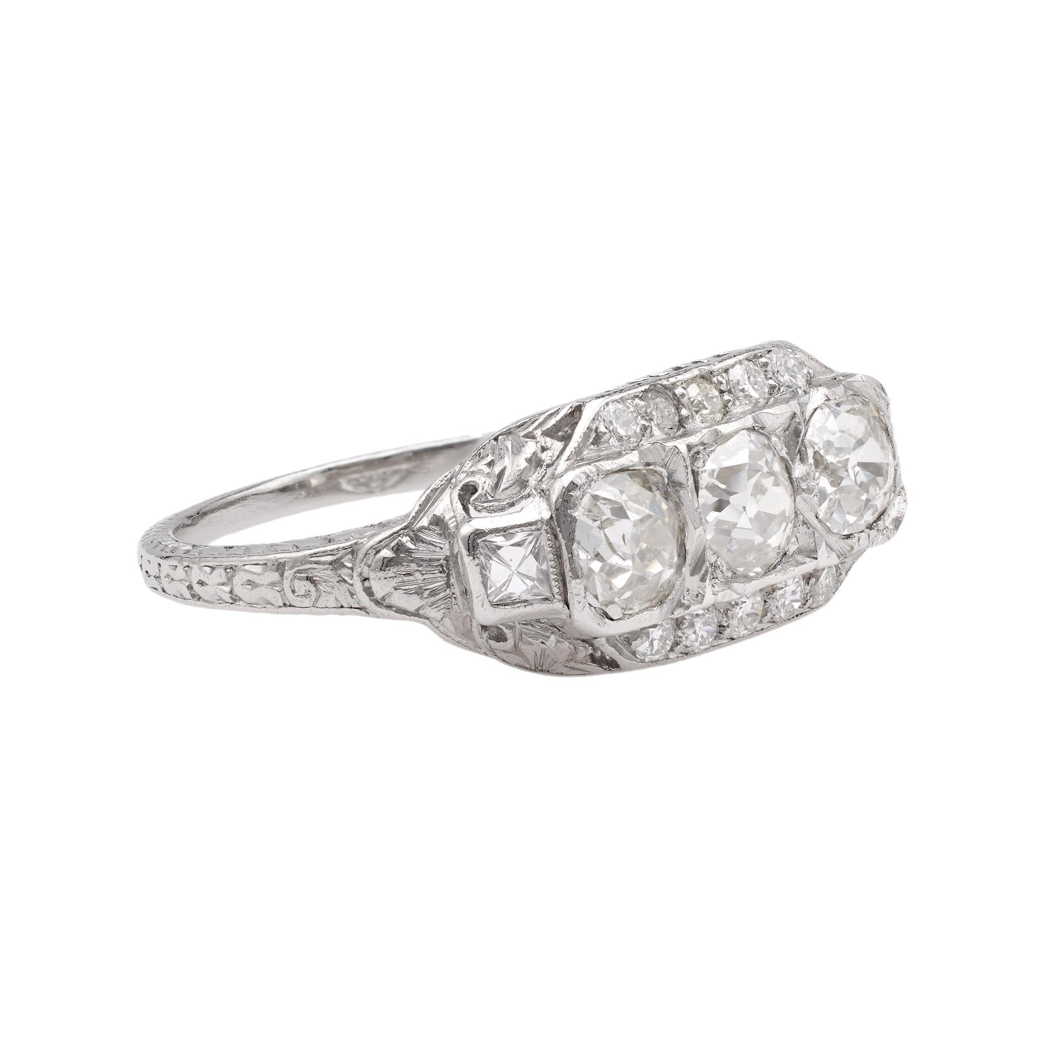 Art Deco Old Mine Cut Diamond Platinum Ring For Sale 1