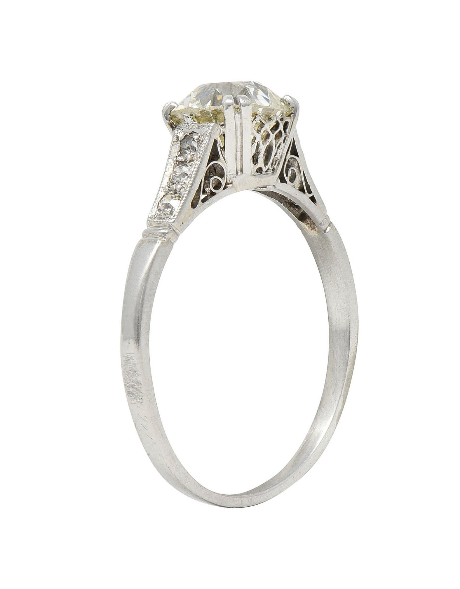 Art Deco Old Mine Cut Diamond Platinum Scrolling Vintage Engagement Ring For Sale 4