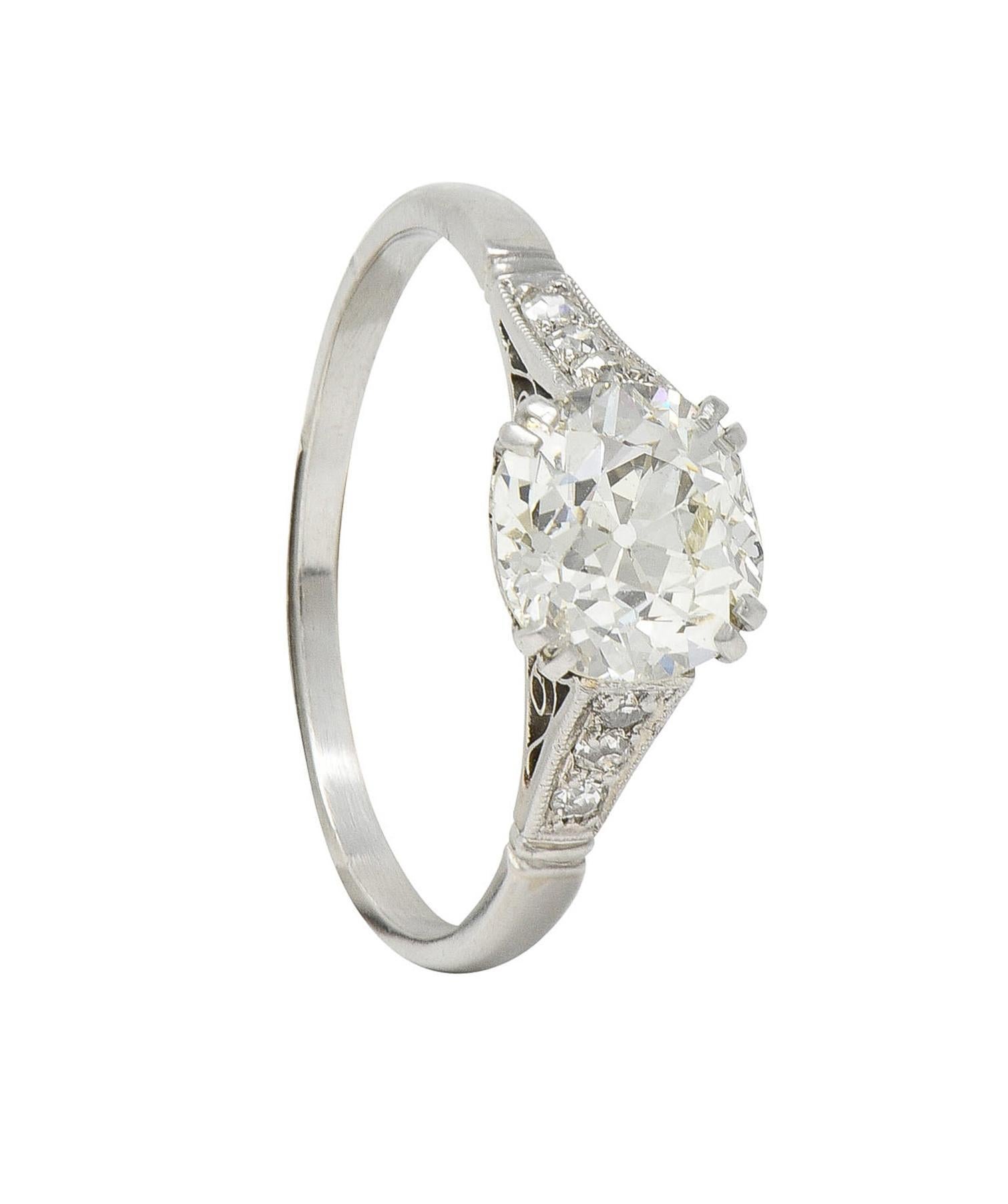 Art Deco Old Mine Cut Diamond Platinum Scrolling Vintage Engagement Ring For Sale 5