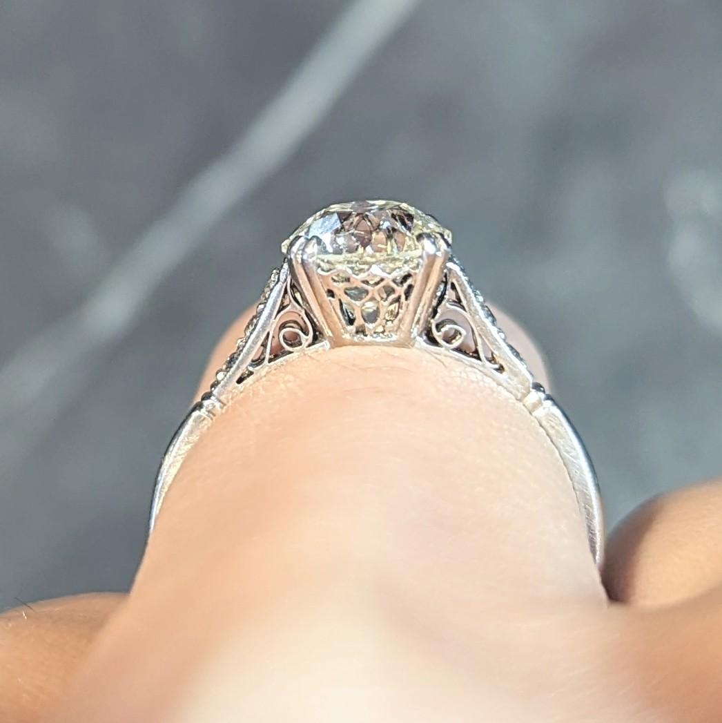 Art Deco Old Mine Cut Diamond Platinum Scrolling Vintage Engagement Ring For Sale 7