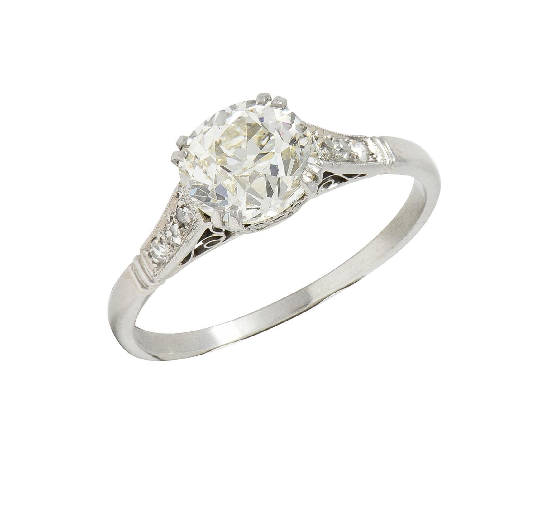 Single Cut Art Deco Old Mine Cut Diamond Platinum Scrolling Vintage Engagement Ring For Sale