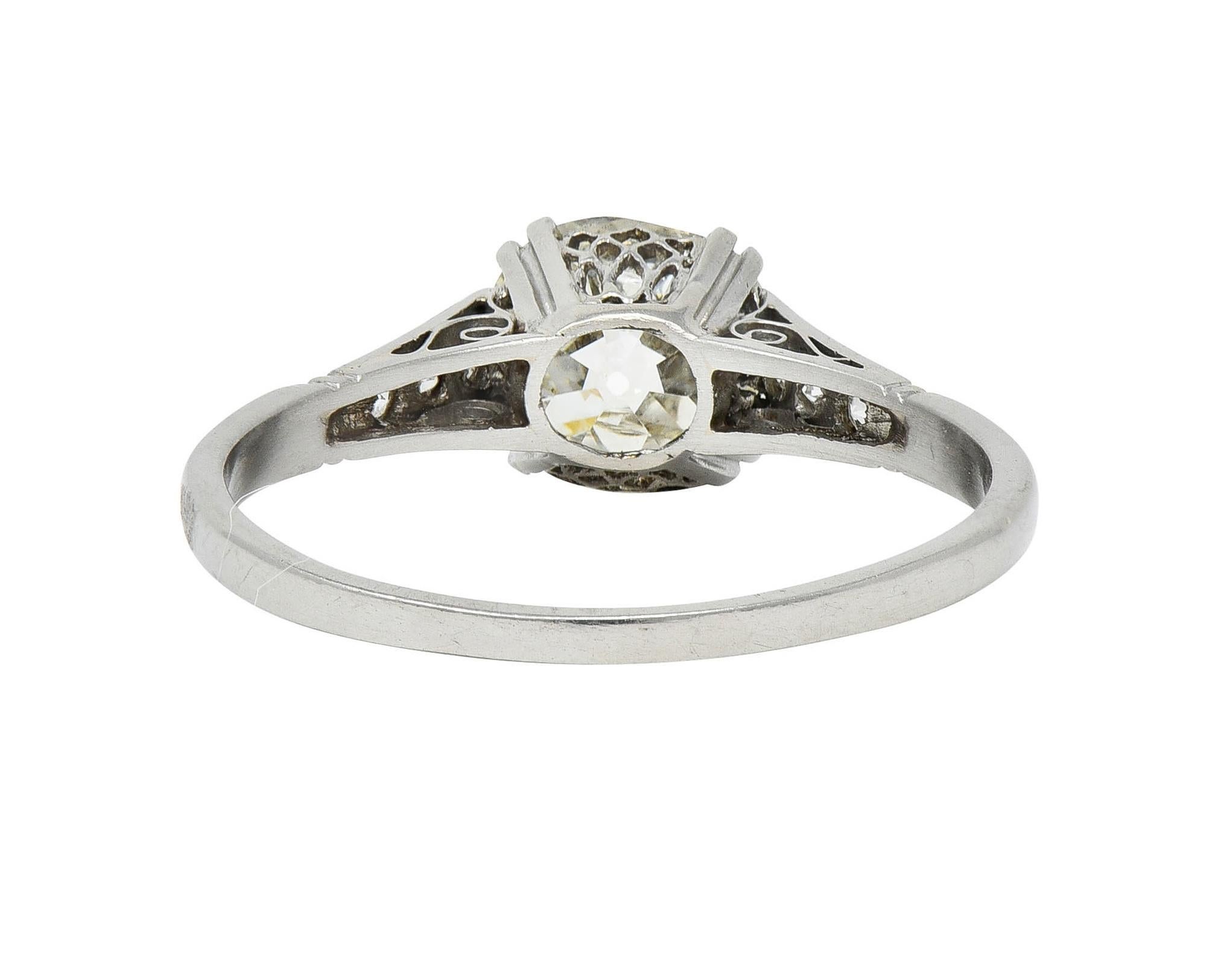 Art Deco Old Mine Cut Diamond Platinum Scrolling Vintage Engagement Ring For Sale 2