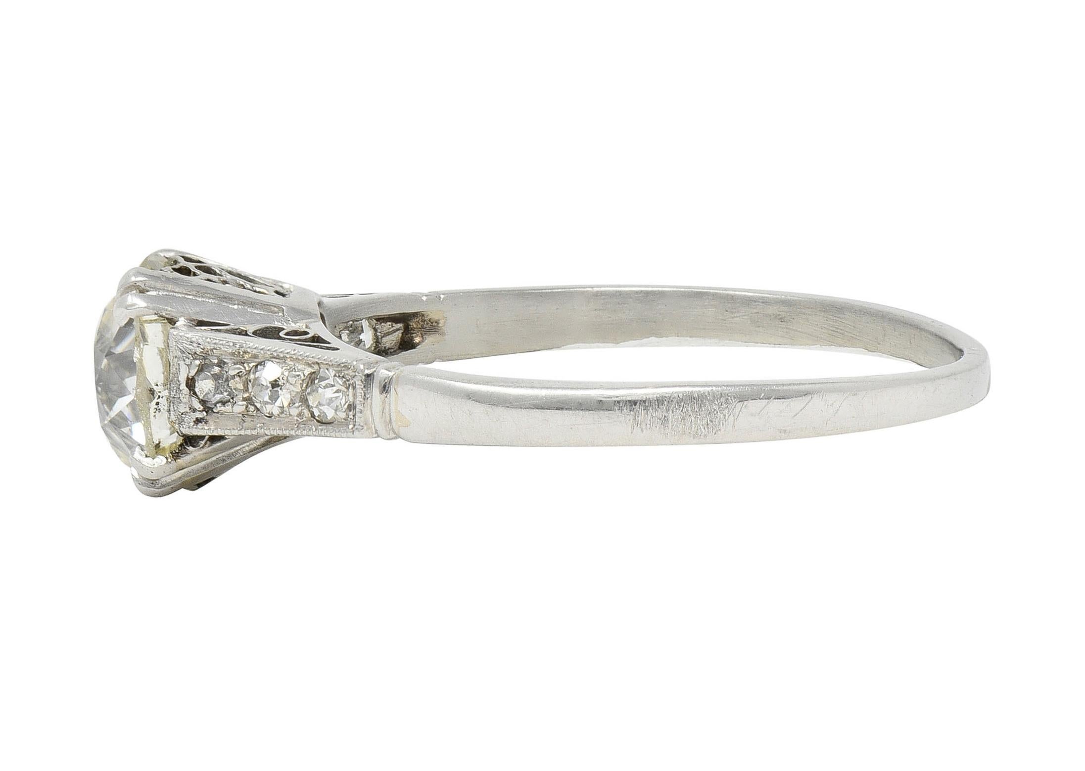 Art Deco Old Mine Cut Diamond Platinum Scrolling Vintage Engagement Ring For Sale 3