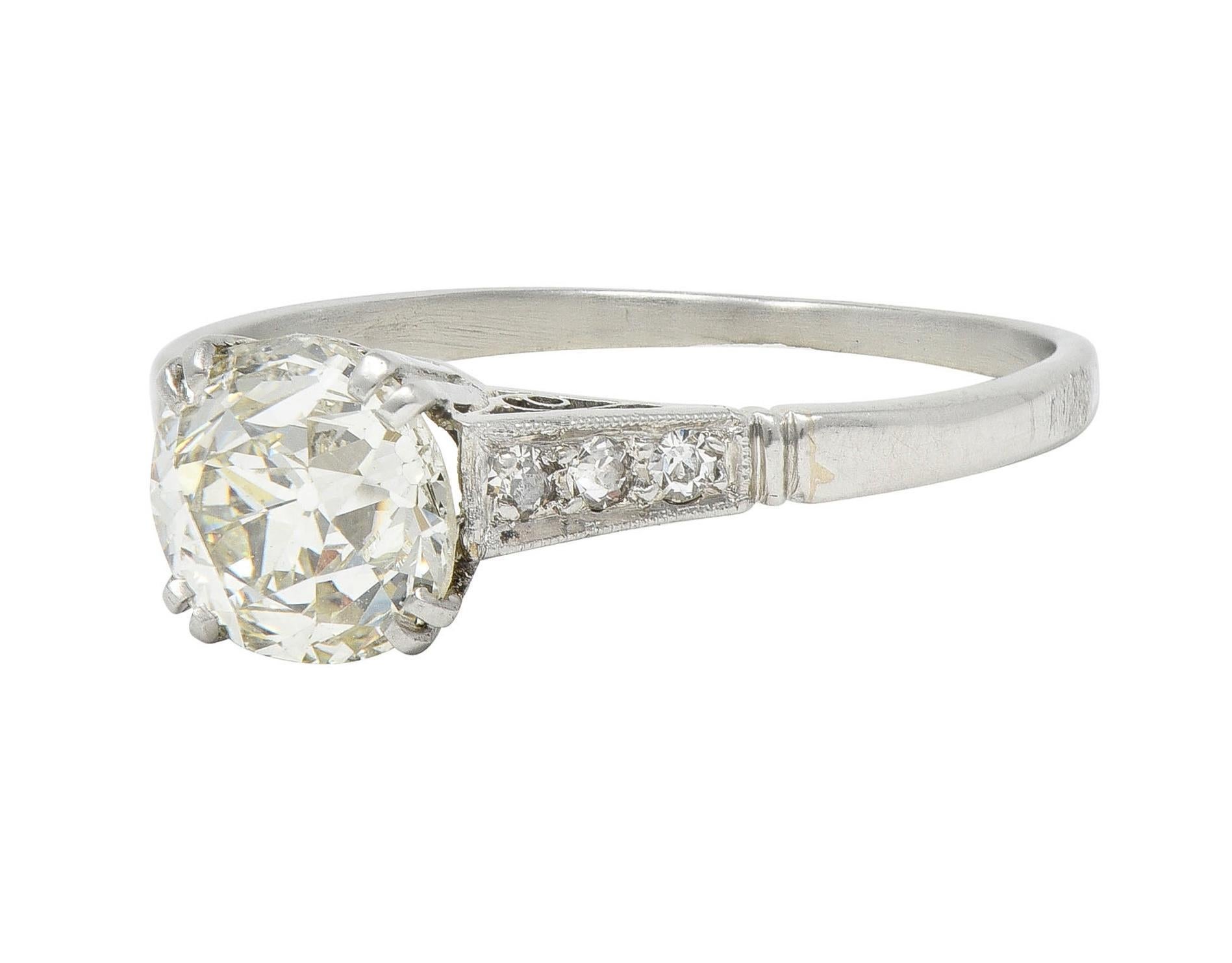 Art Deco Old Mine Cut Diamond Platinum Scrolling Vintage Engagement Ring For Sale 4