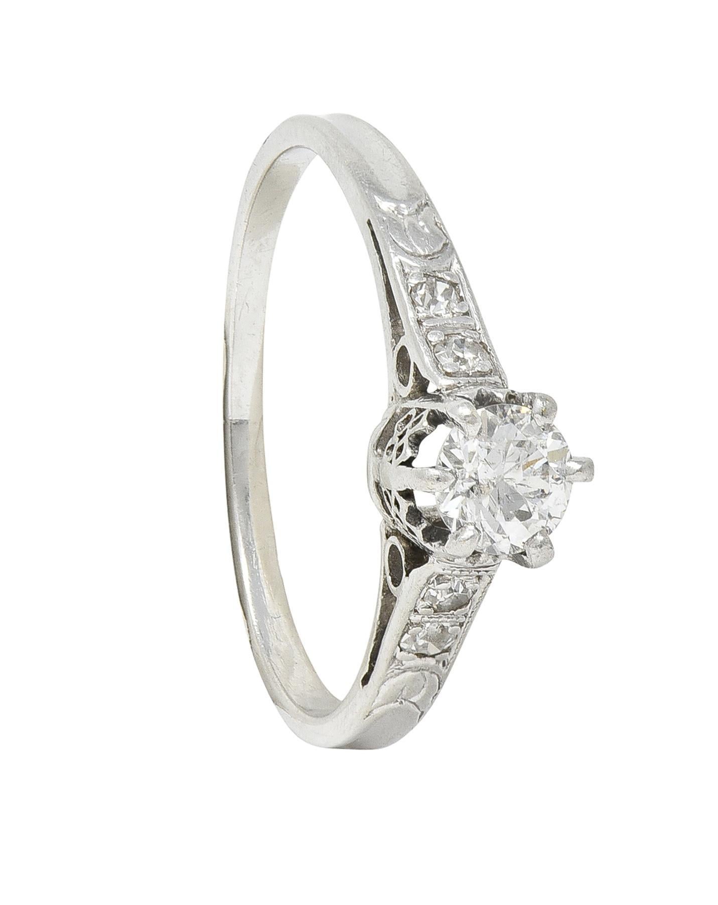 Art Deco Old Mine Cut Diamond Platinum Tulip Vintage Engagement Ring For Sale 6
