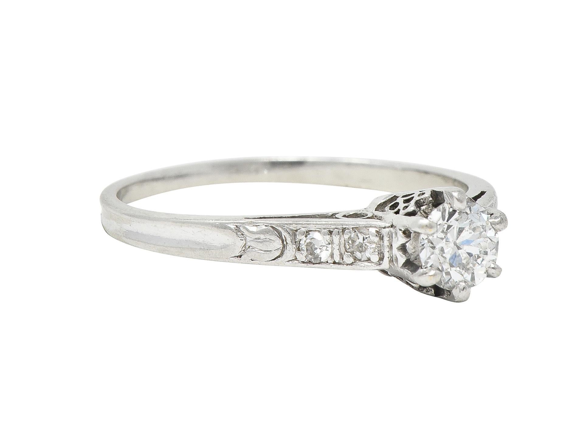 Art Deco Old Mine Cut Diamond Platinum Tulip Vintage Engagement Ring In Excellent Condition For Sale In Philadelphia, PA