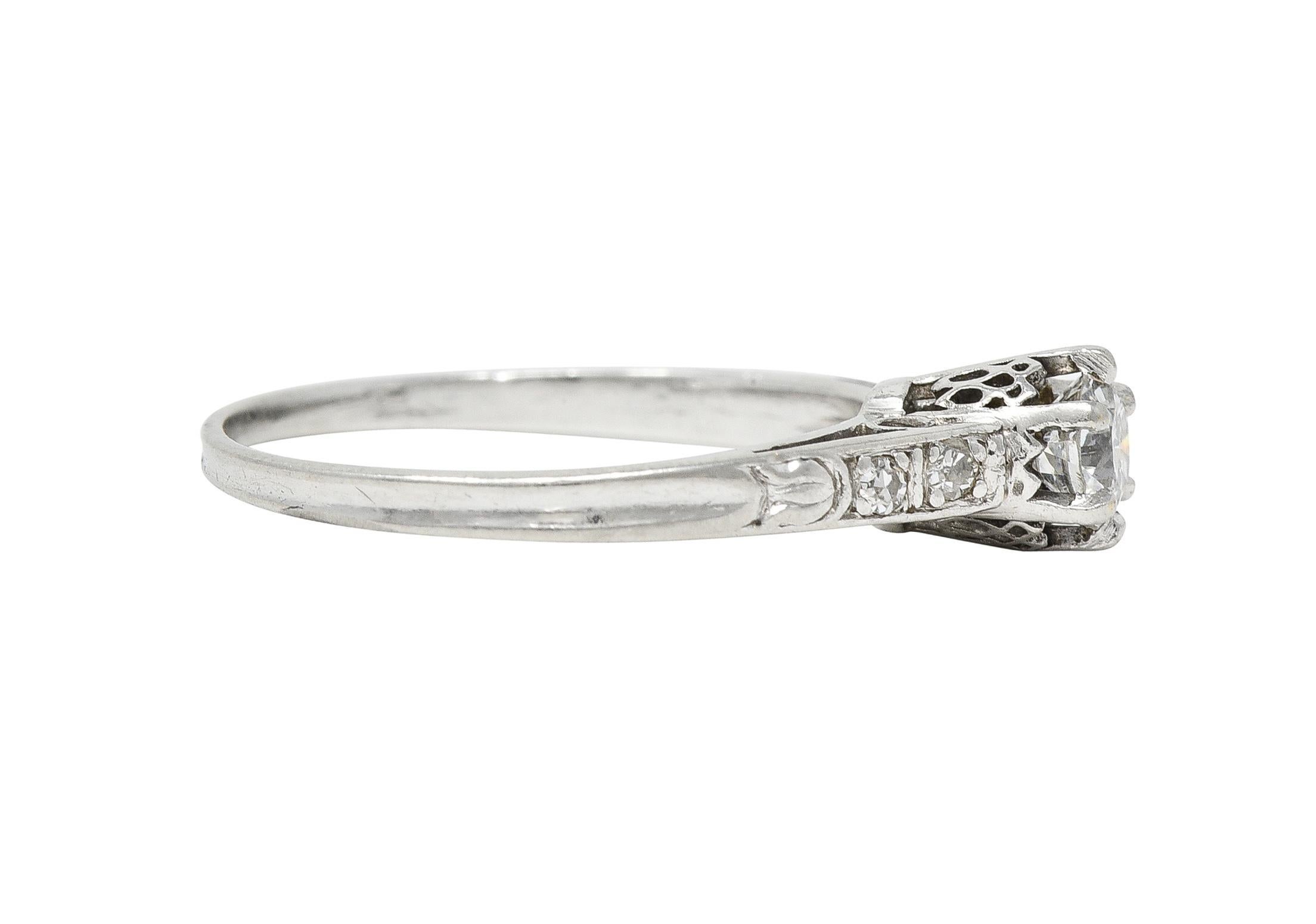 Women's or Men's Art Deco Old Mine Cut Diamond Platinum Tulip Vintage Engagement Ring For Sale