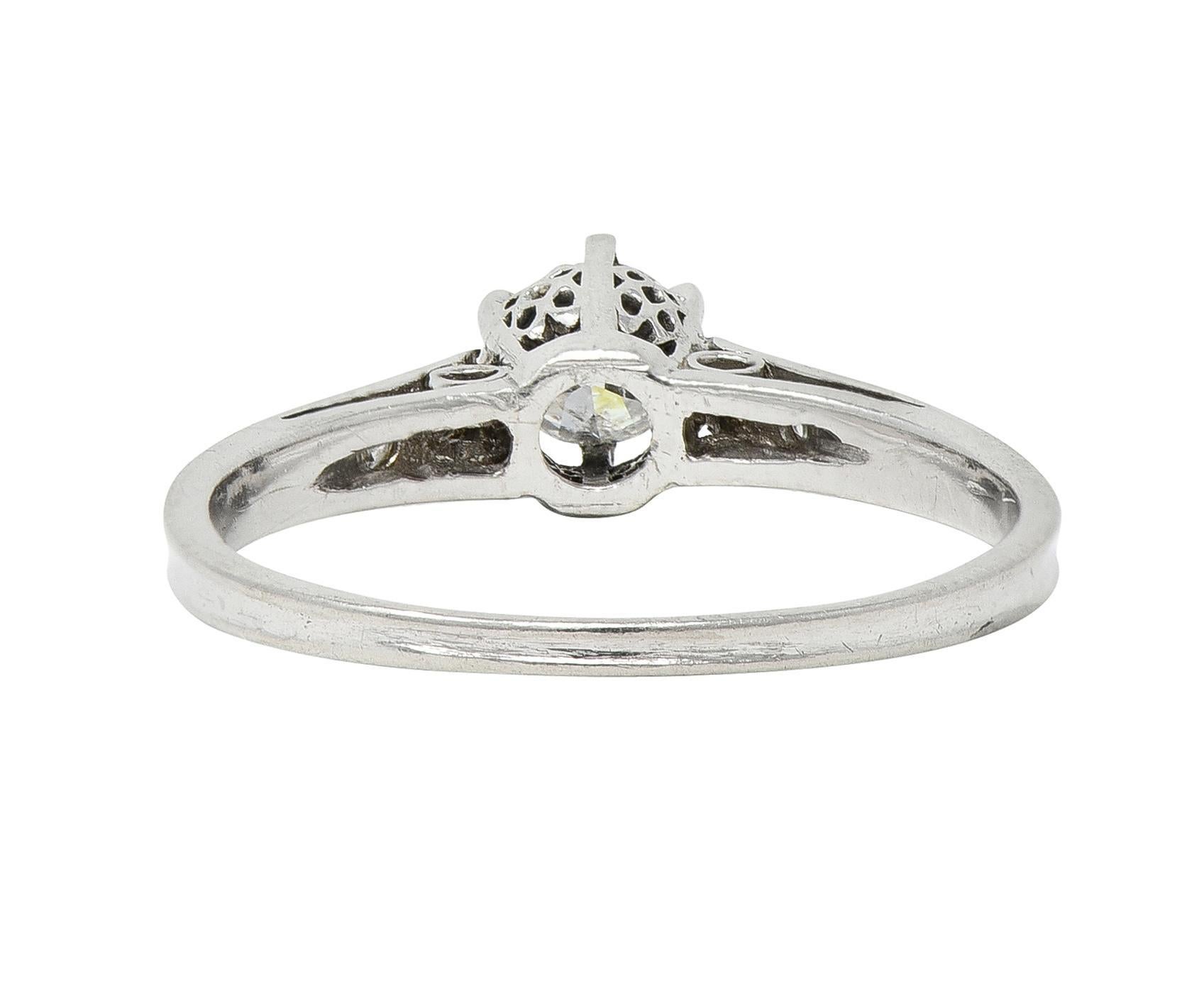 Art Deco Old Mine Cut Diamond Platinum Tulip Vintage Engagement Ring For Sale 1