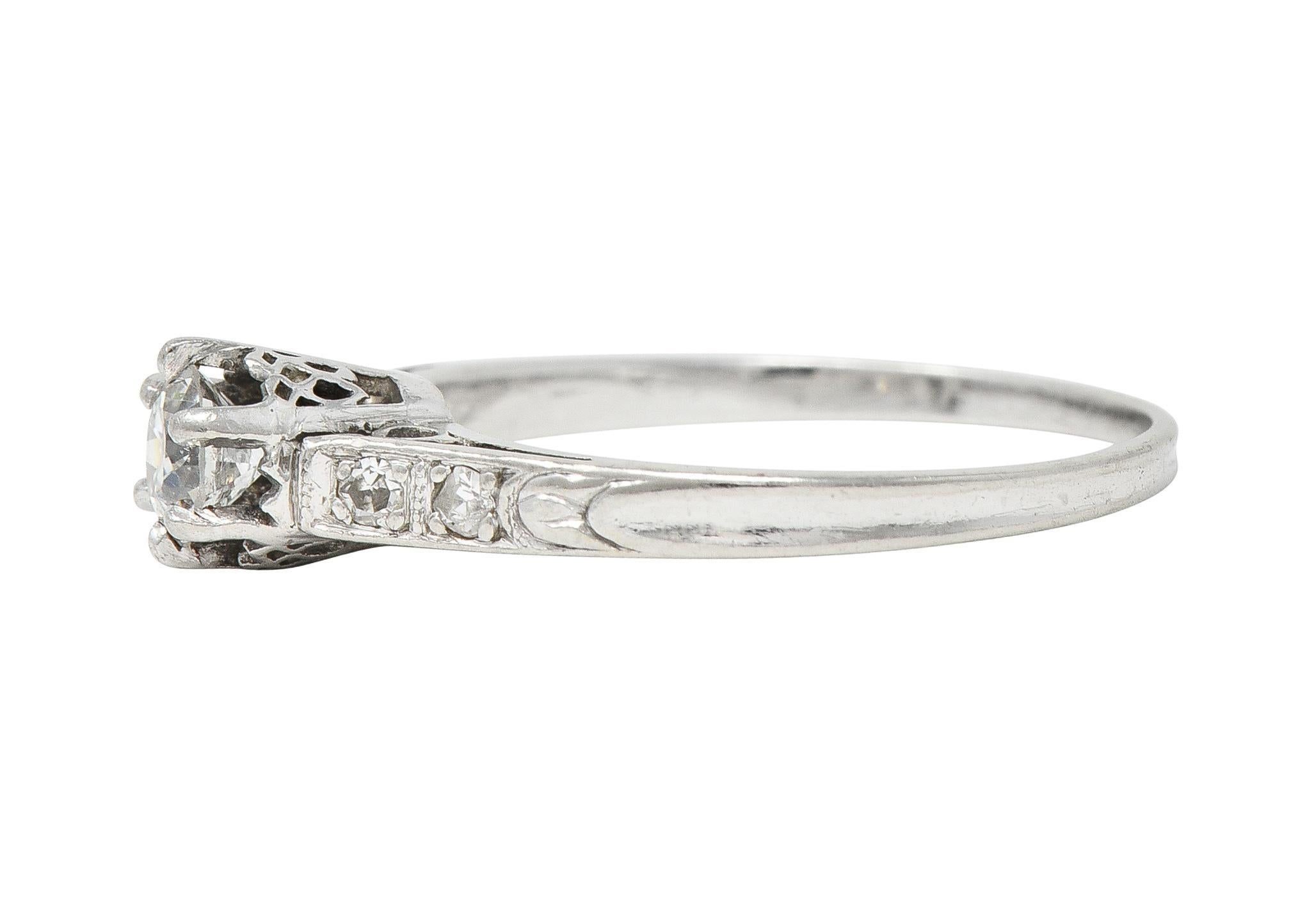 Art Deco Old Mine Cut Diamond Platinum Tulip Vintage Engagement Ring For Sale 2