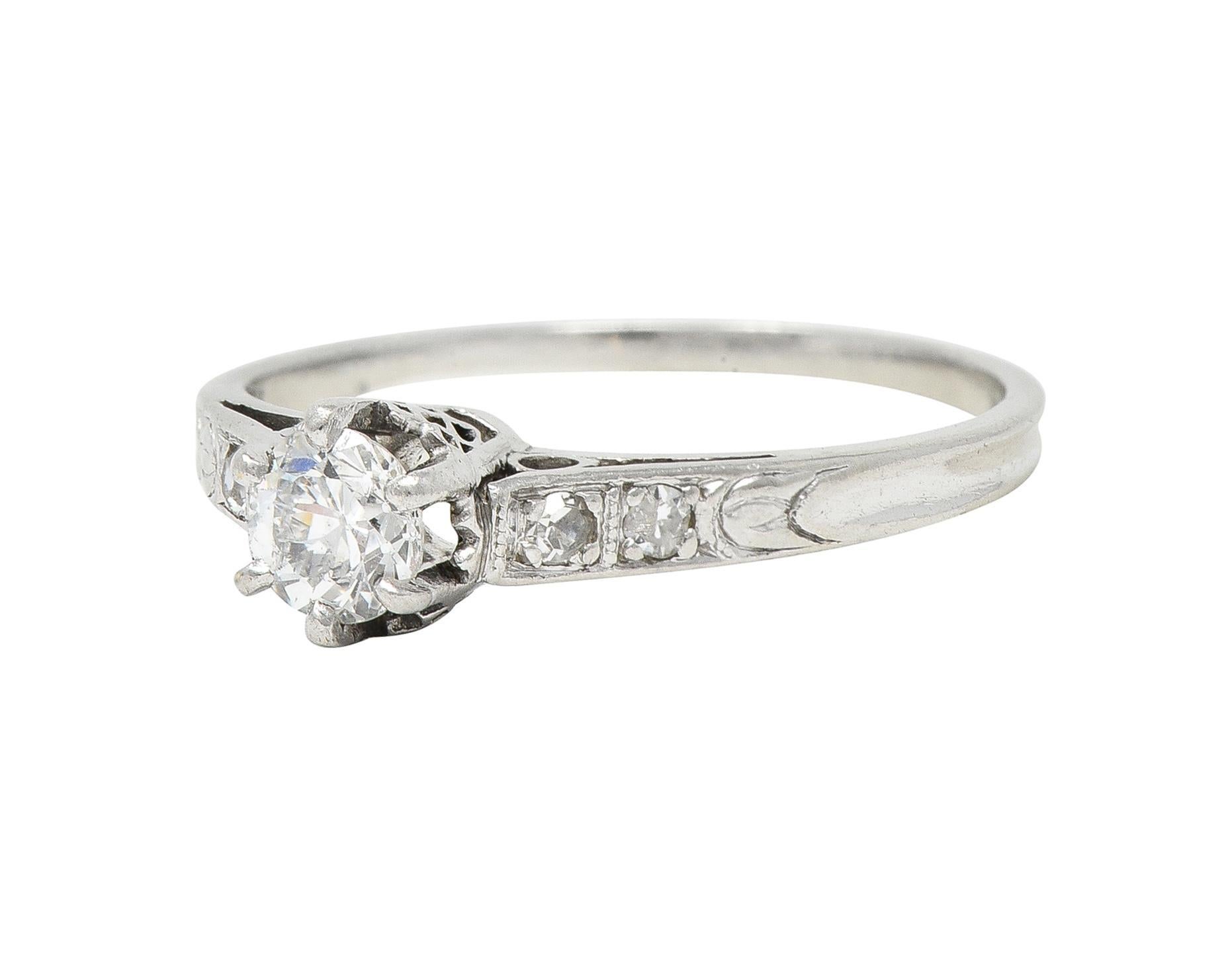 Art Deco Old Mine Cut Diamond Platinum Tulip Vintage Engagement Ring For Sale 3