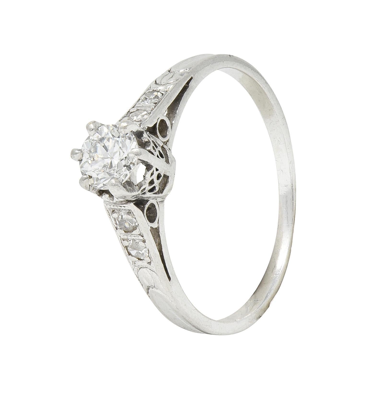 Art Deco Old Mine Cut Diamond Platinum Tulip Vintage Engagement Ring For Sale 4