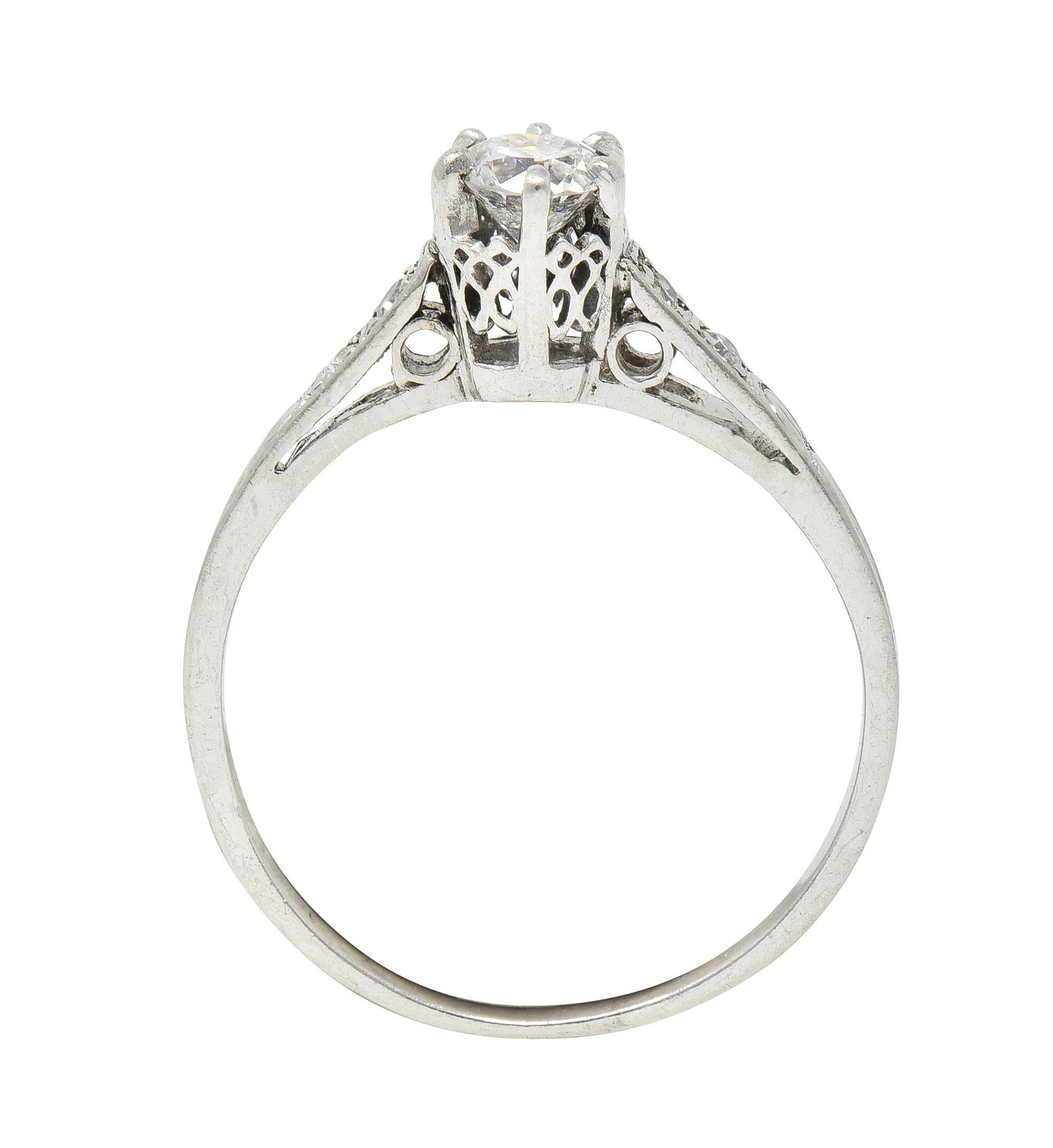 Art Deco Old Mine Cut Diamond Platinum Tulip Vintage Engagement Ring For Sale 5