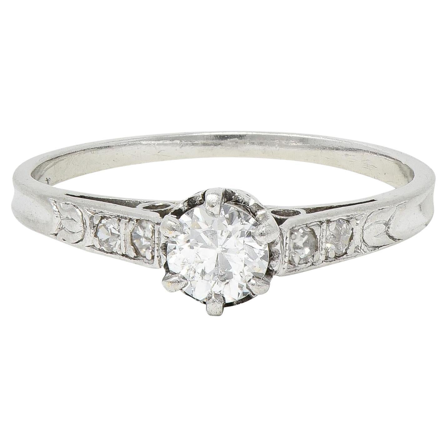 Art Deco Old Mine Cut Diamond Platinum Tulip Vintage Engagement Ring For Sale