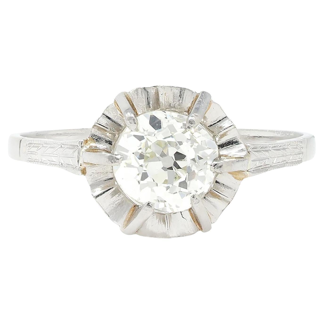 Art Deco Old Mine Cut Diamond Platinum Vintage Belcher Solitaire Verlobungsring