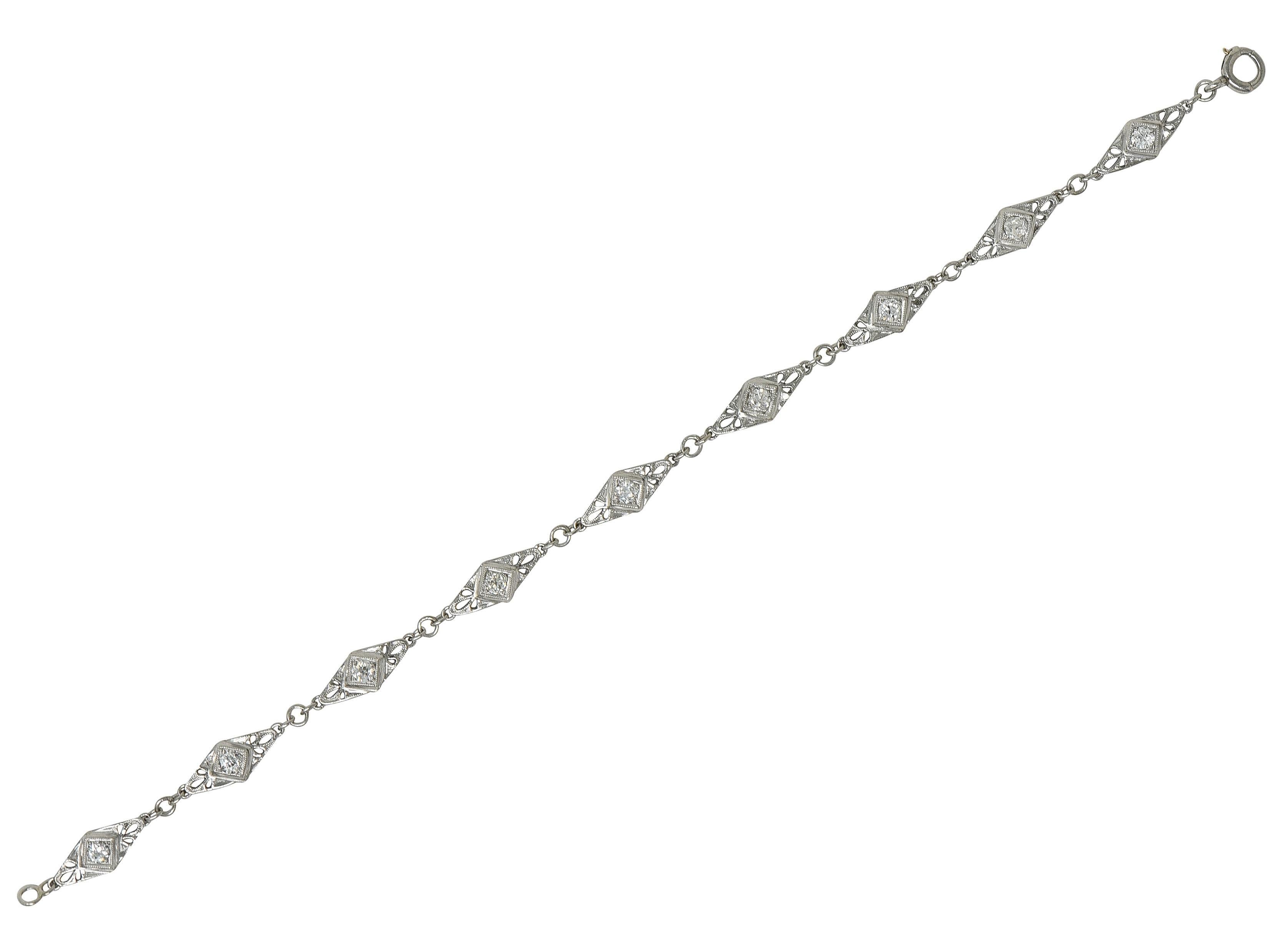 Art Deco Old Mine Cut Diamond Platinum Vintage Fancy Link Line Bracelet In Excellent Condition For Sale In Philadelphia, PA