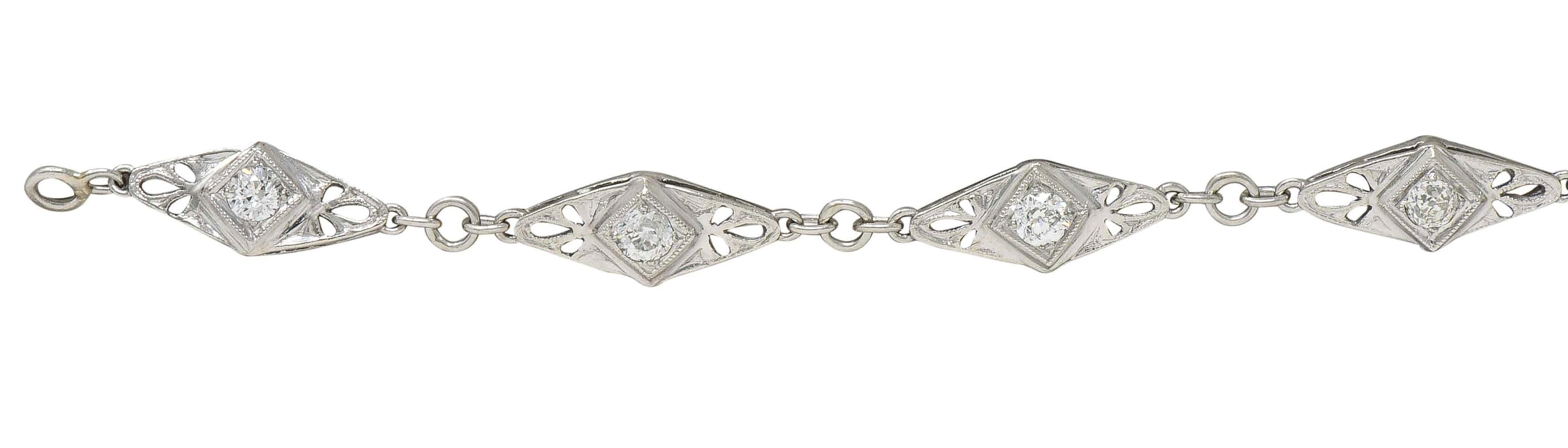 Women's Art Deco Old Mine Cut Diamond Platinum Vintage Fancy Link Line Bracelet For Sale