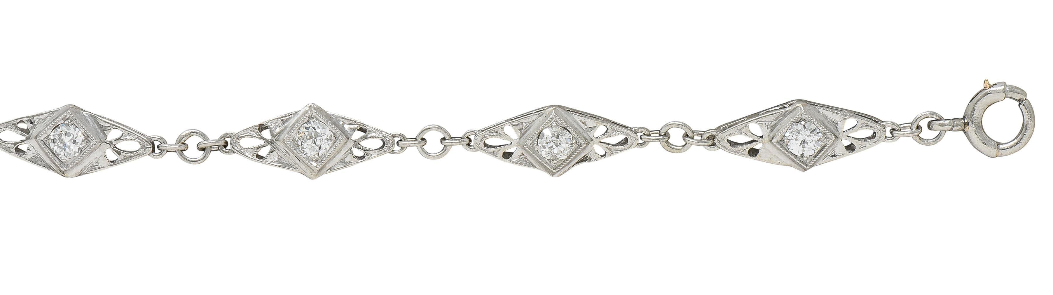 Art Deco Old Mine Cut Diamond Platinum Vintage Fancy Link Line Bracelet For Sale 1