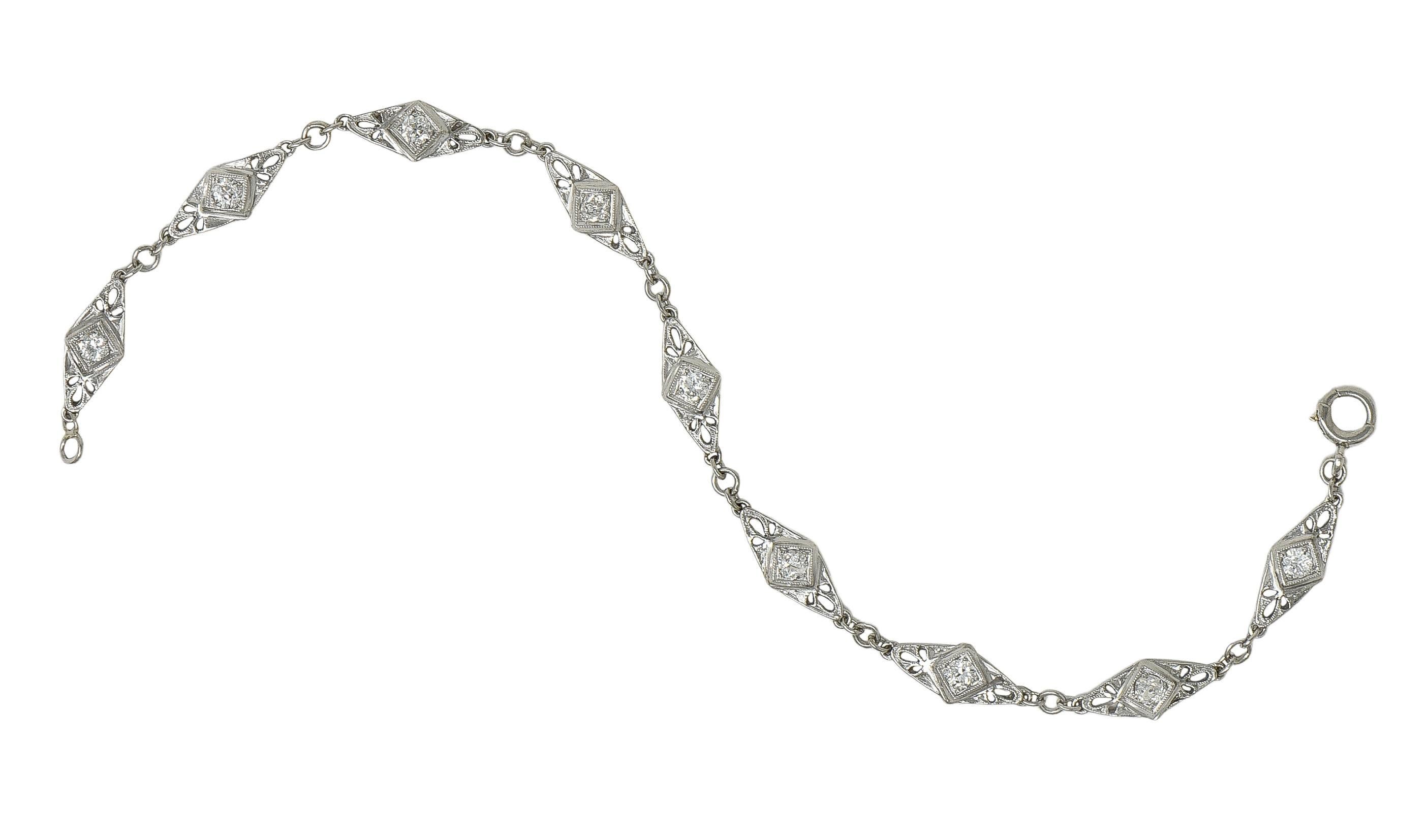 Art Deco Old Mine Cut Diamond Platinum Vintage Fancy Link Line Bracelet For Sale 2