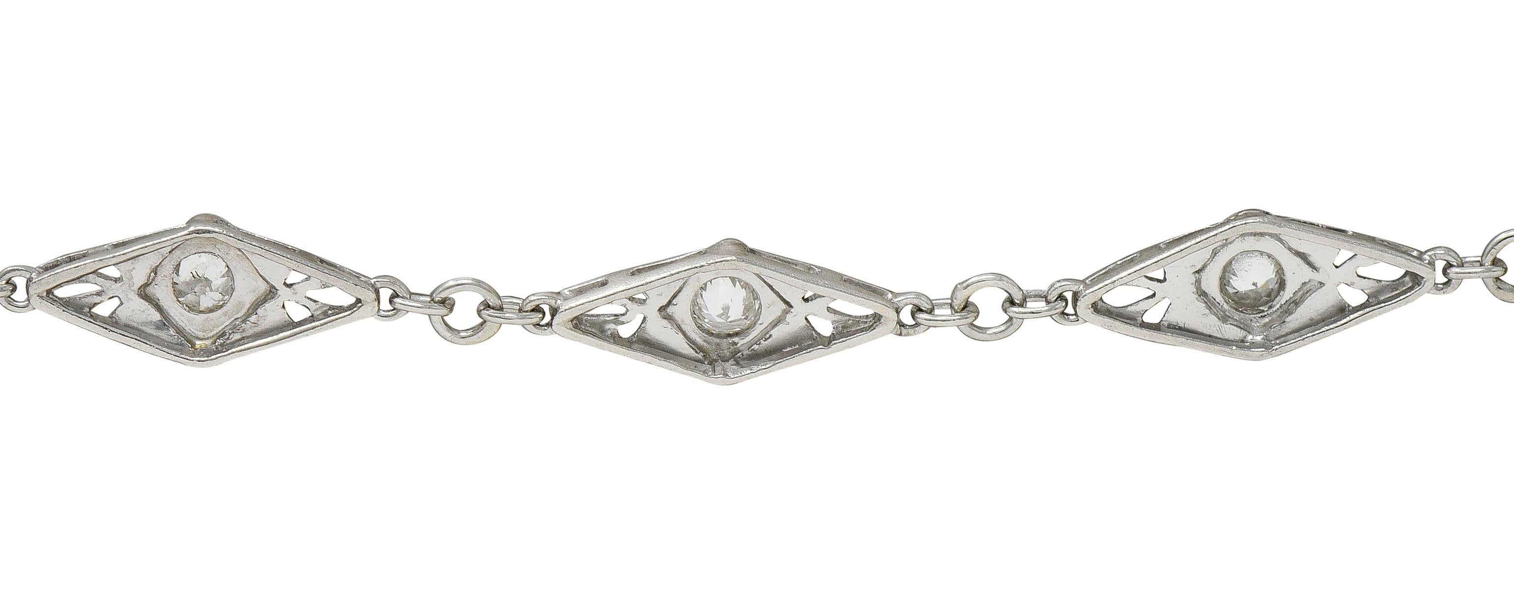 Art Deco Old Mine Cut Diamond Platinum Vintage Fancy Link Line Bracelet For Sale 3