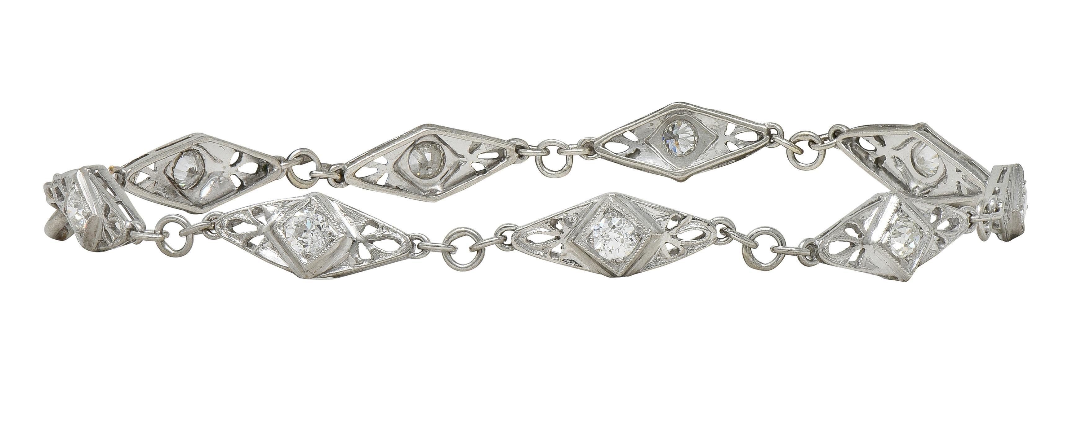 Art Deco Old Mine Cut Diamond Platinum Vintage Fancy Link Line Bracelet For Sale 4