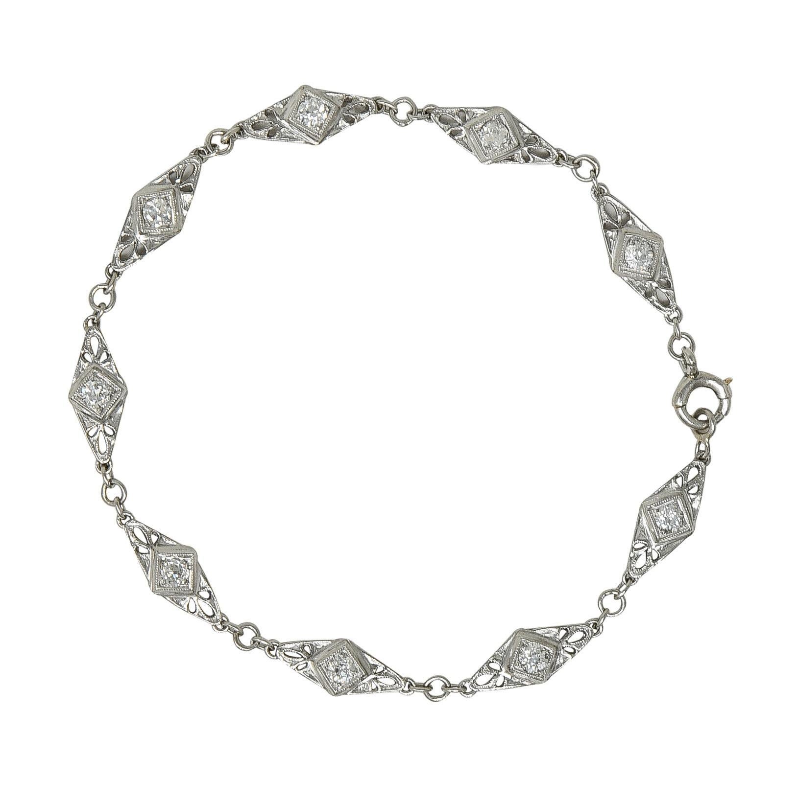Art Deco Old Mine Cut Diamond Platinum Vintage Fancy Link Line Bracelet For Sale 5