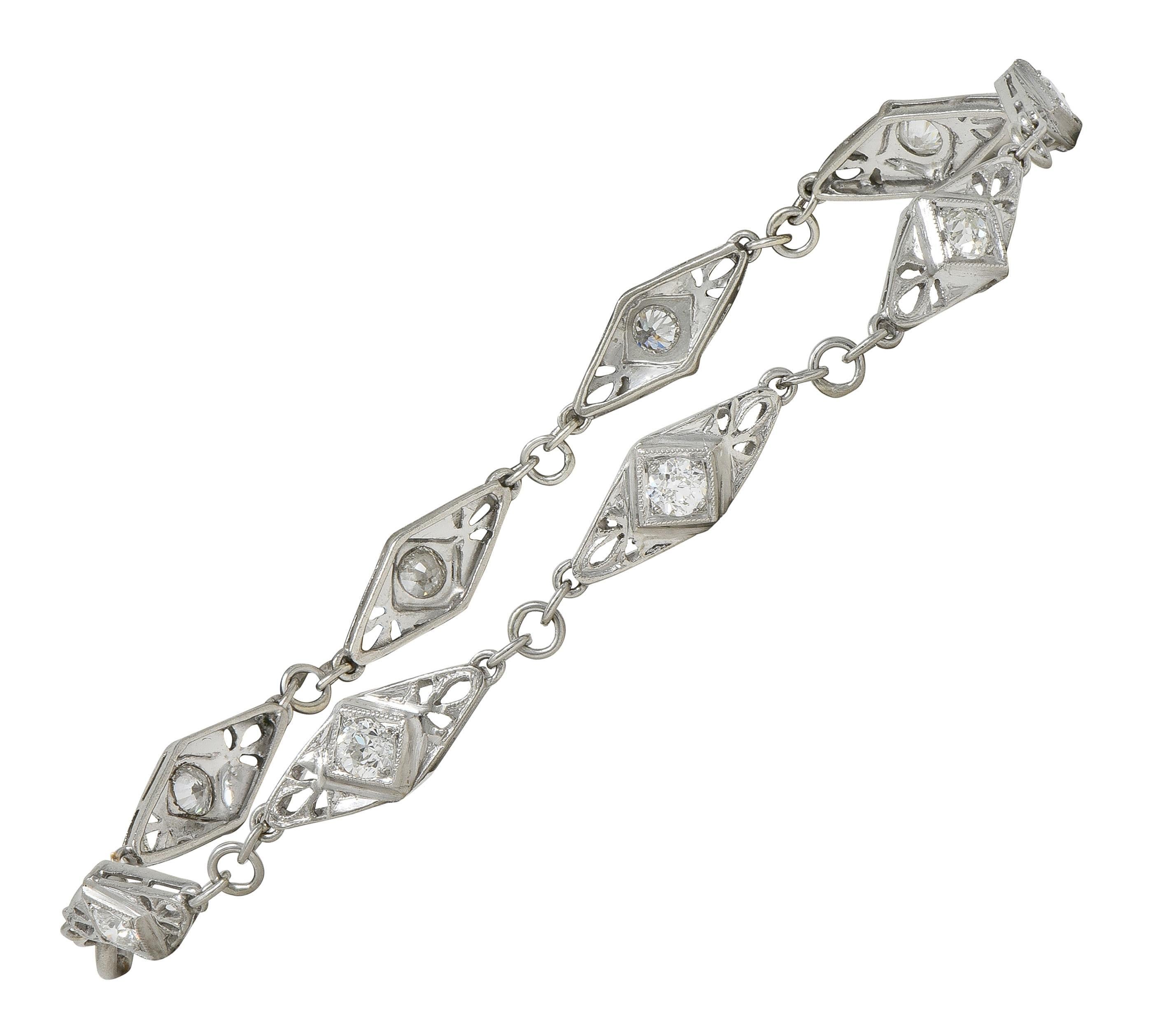 Art Deco Old Mine Cut Diamond Platinum Vintage Fancy Link Line Bracelet For Sale