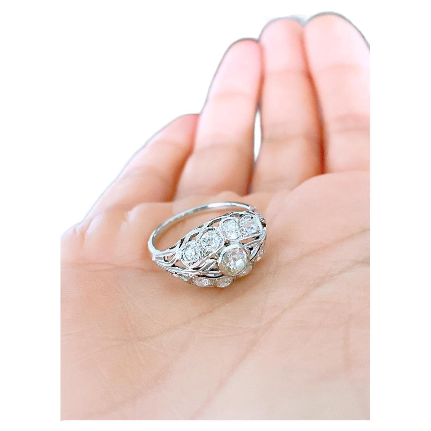Art Deco Old Mine Cut Diamond Gold Ring For Sale 4