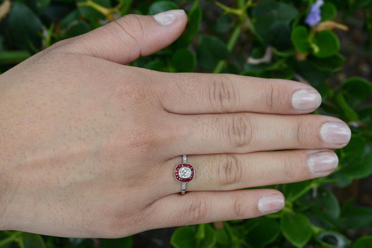 Art Deco Old Mine Cut Diamond Ruby Halo Platinum Target Engagement