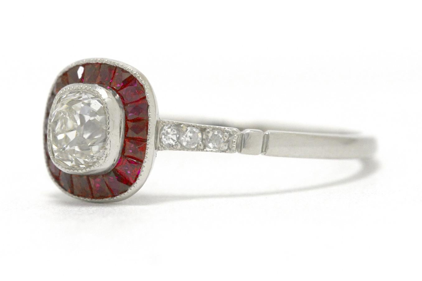 Art Deco Style Old Mine Cut Diamond Ruby Halo Platinum Target Engagement Ring In Good Condition In Santa Barbara, CA