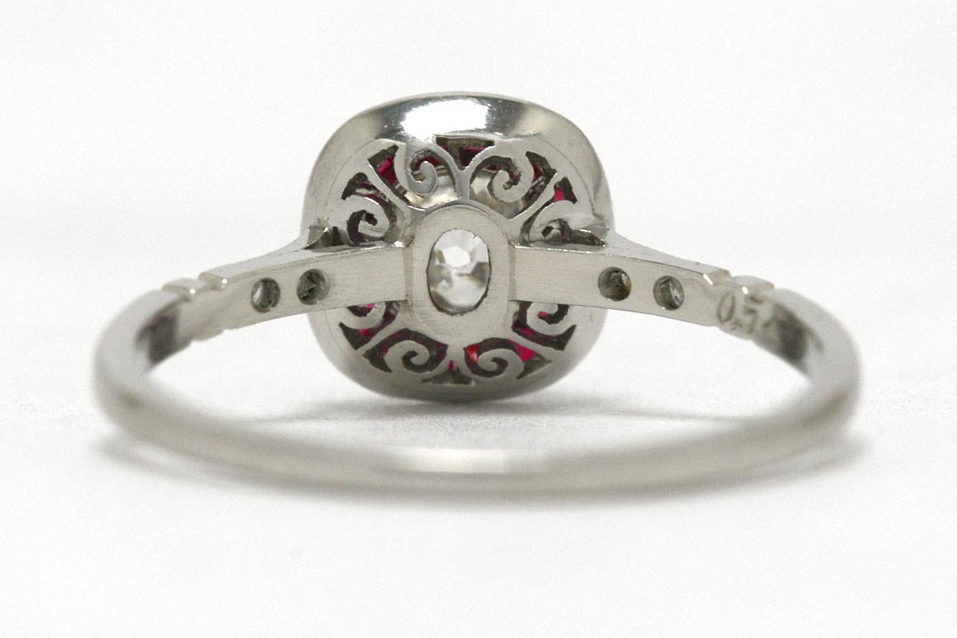 Women's Art Deco Style Old Mine Cut Diamond Ruby Halo Platinum Target Engagement Ring