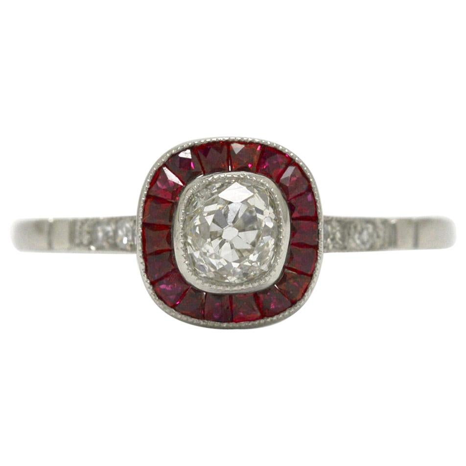 Art Deco Style Old Mine Cut Diamond Ruby Halo Platinum Target Engagement Ring