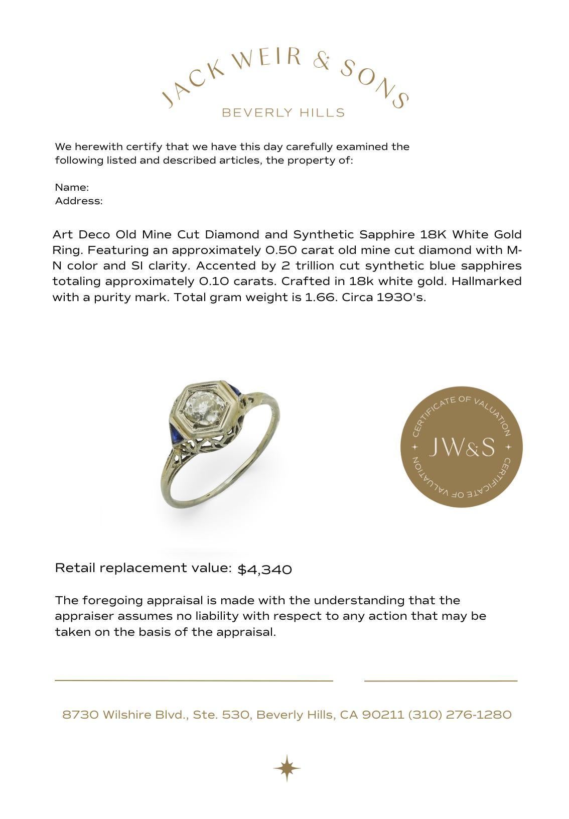 Anello di fidanzamento Art Deco in oro bianco 18 carati con zaffiro e diamante taglio old mine in vendita 3