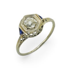 Art Deco old mine cut diamond sapphire 18k white gold engagement ring