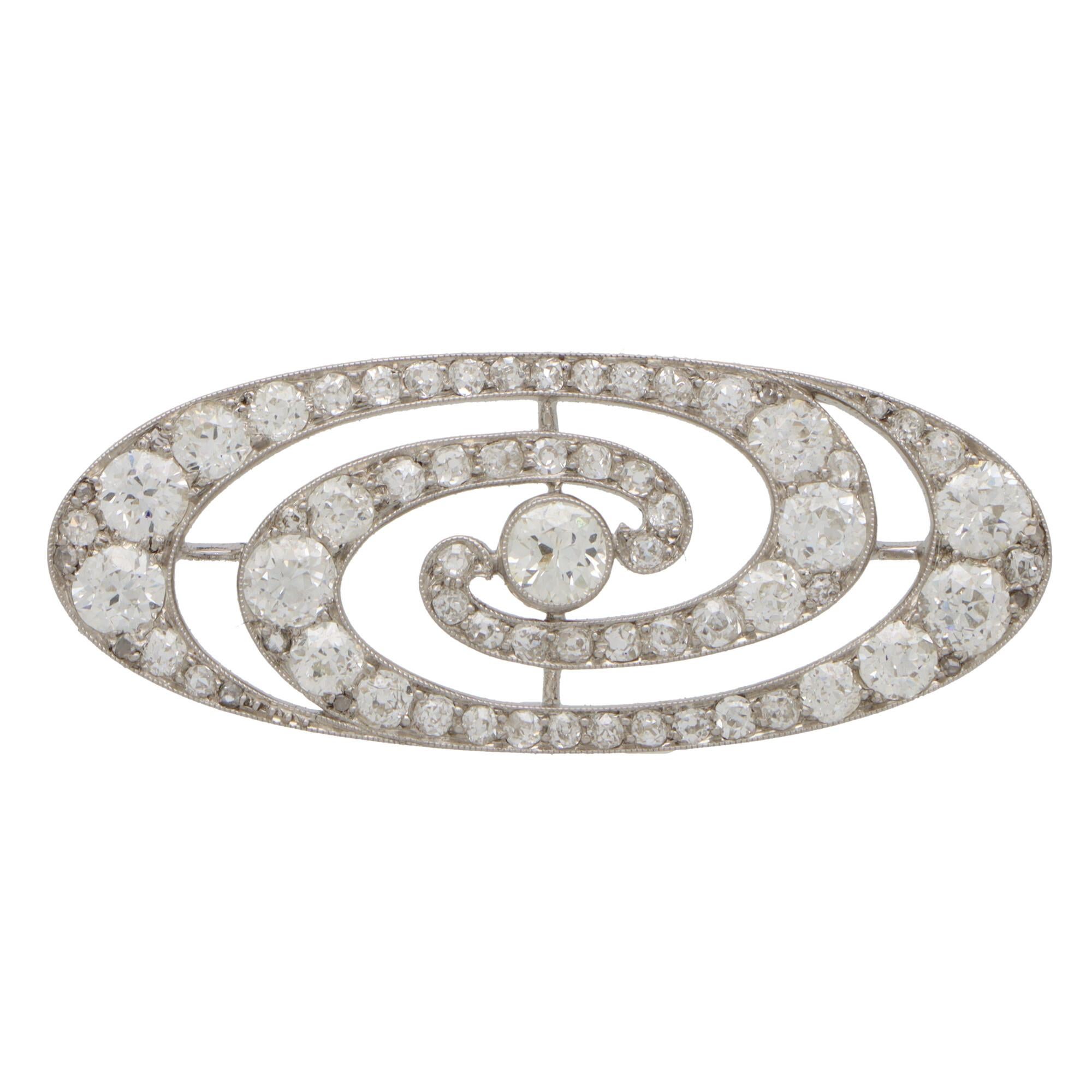 Art Deco Old Mine Cut Diamond Swirl Brooch Set in Platinum 1