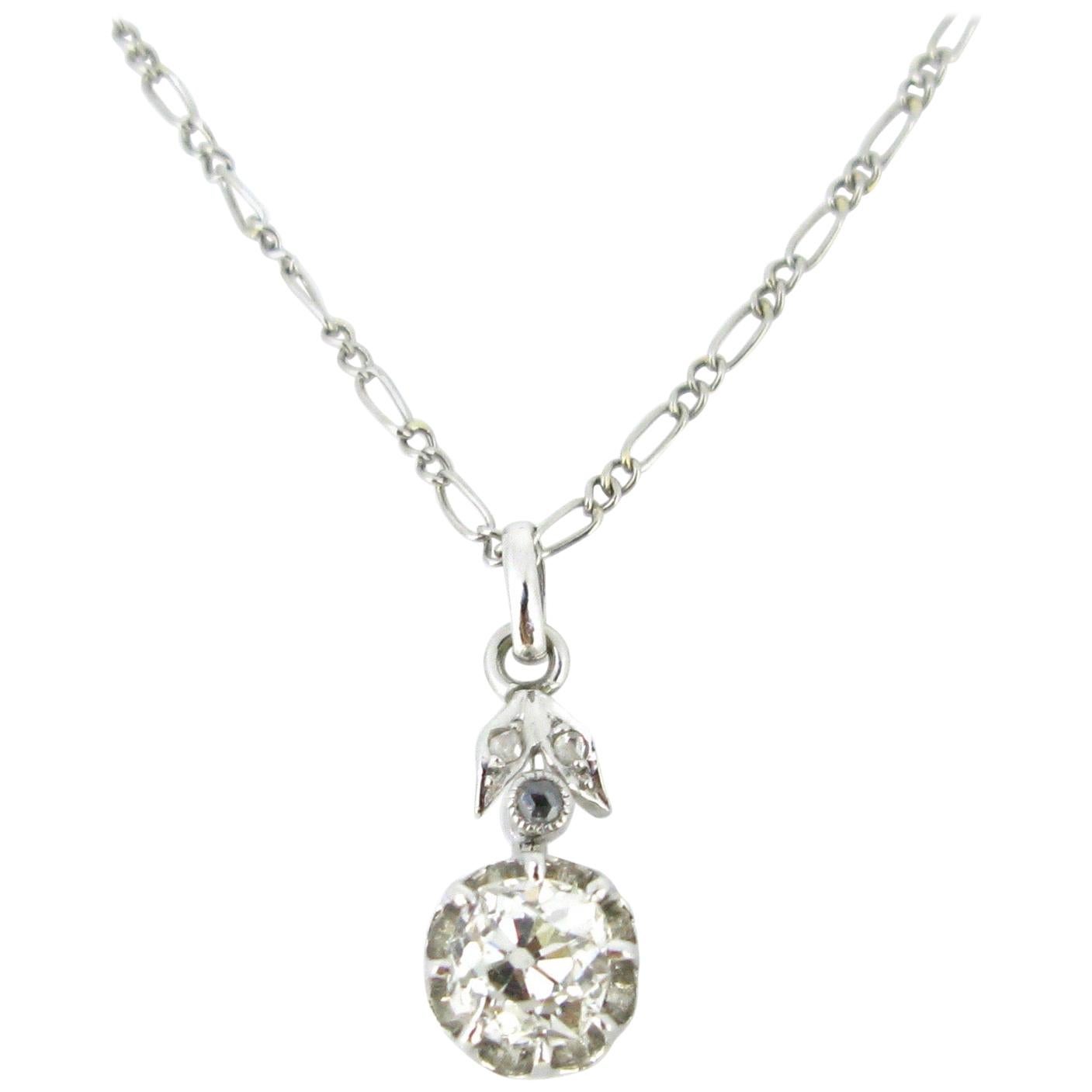 Art Deco Old Mine Cut Diamonds Gold and Platinum Pendant Necklace