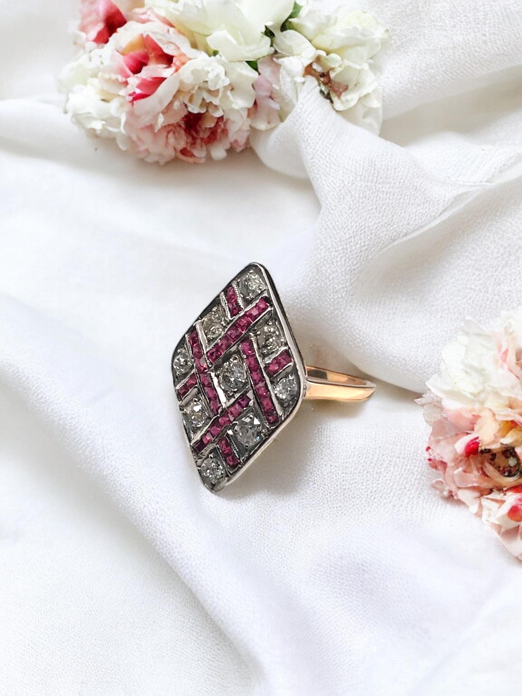 We love everything about this unique vintage beauty!

Ring Details
Material: 18K Rose Gold Lower; White Gold Top
Era: Art Deco 1910 - 1930
Length:22.2mm
Width:13.9mm
Height: 2.3mm
Shank Width: 1.7mm
Weight: 3.5 Grams
Finger Size: 8
Sizable Upon