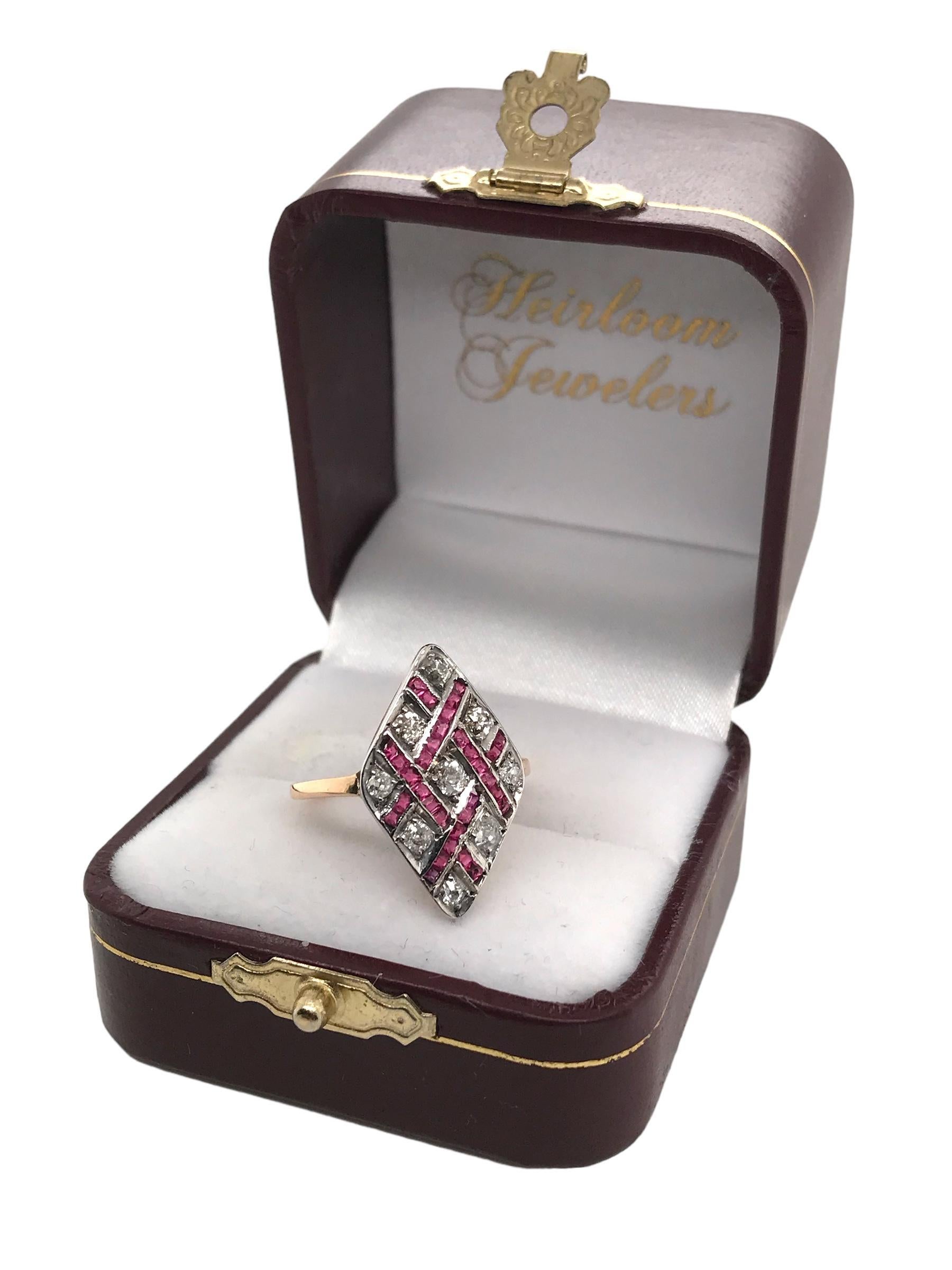 Art Deco Old Mine Cut & Ruby Cocktail Ring 18K Gold For Sale 1