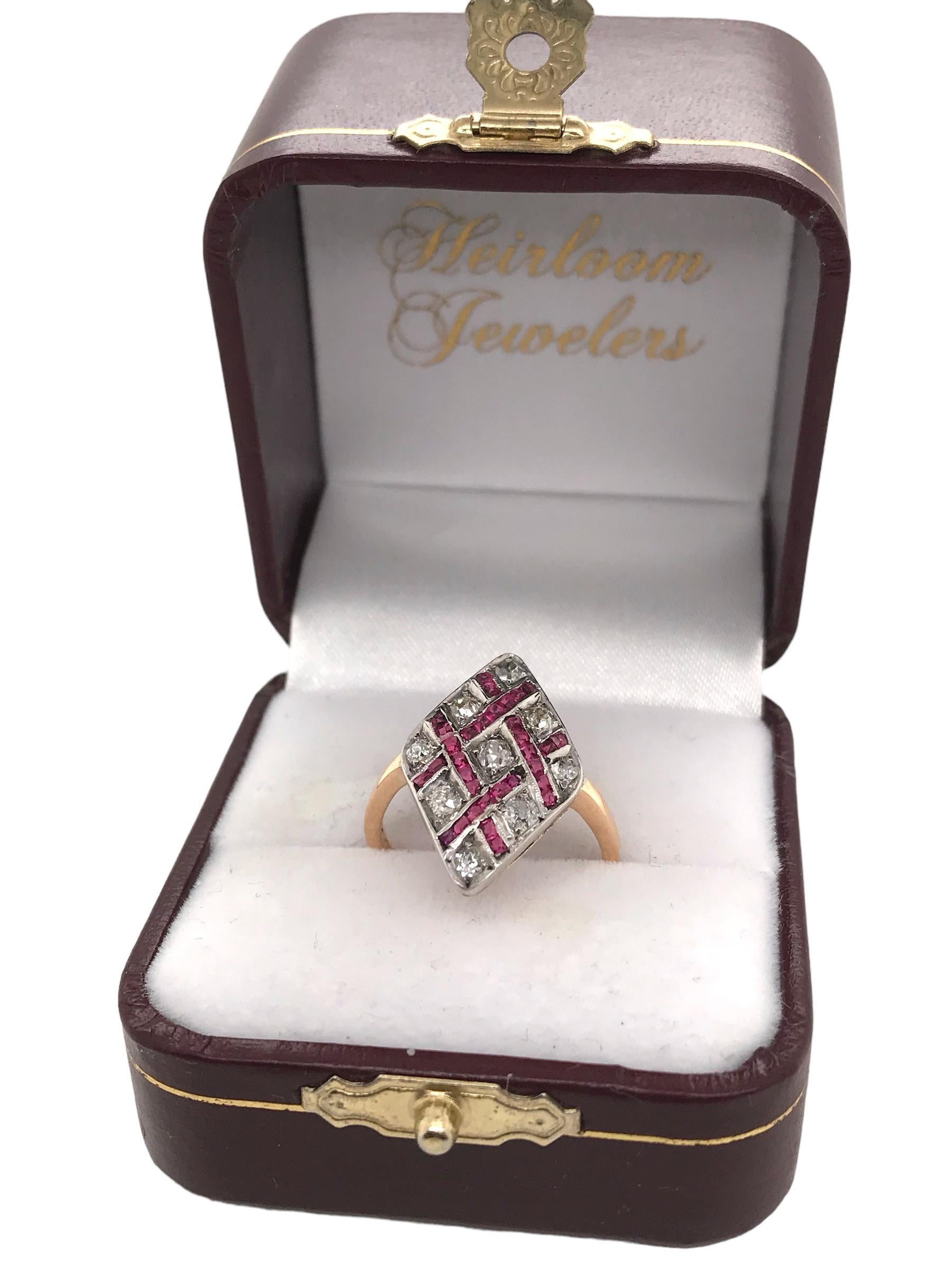 Art Deco Old Mine Cut & Ruby Cocktail Ring 18K Gold For Sale 2