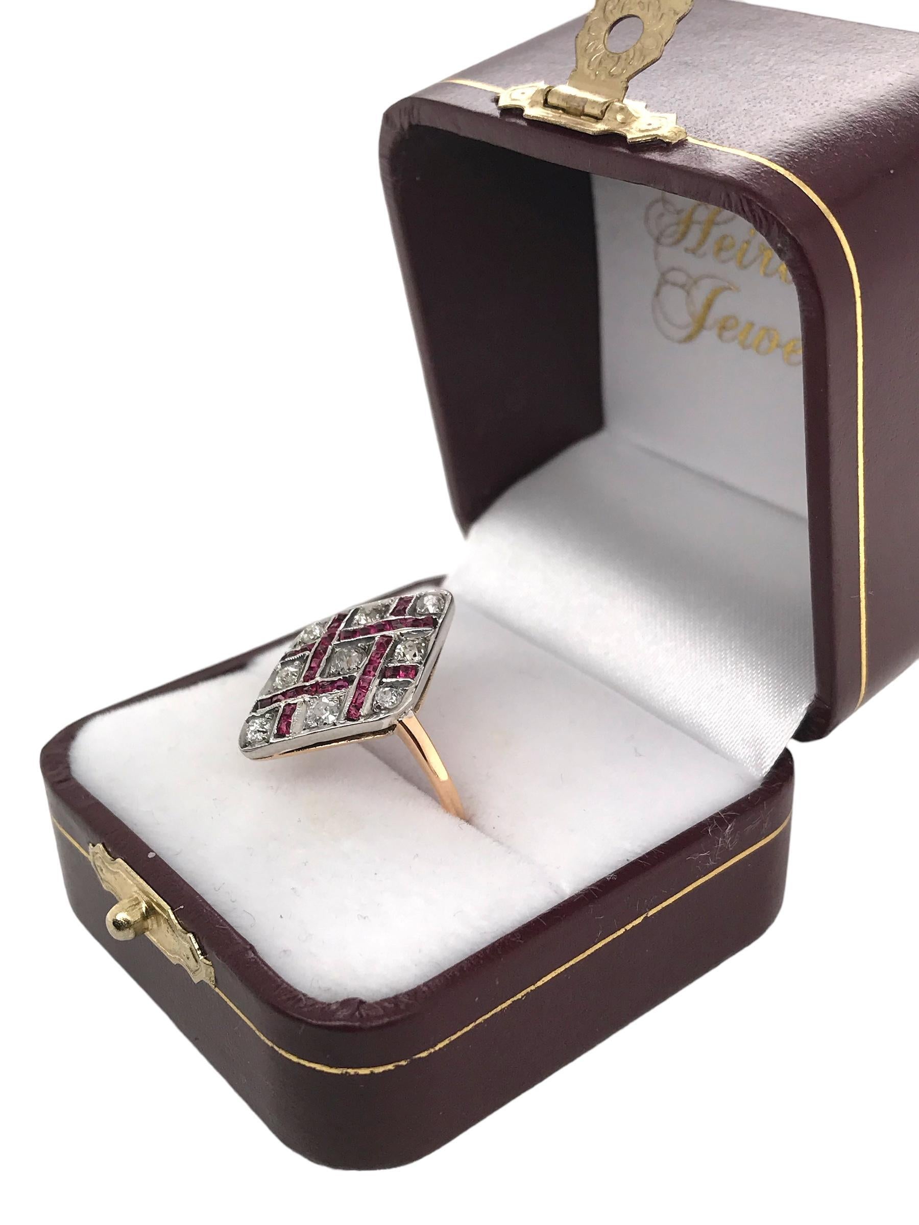 Art Deco Old Mine Cut & Ruby Cocktail Ring 18K Gold For Sale 3