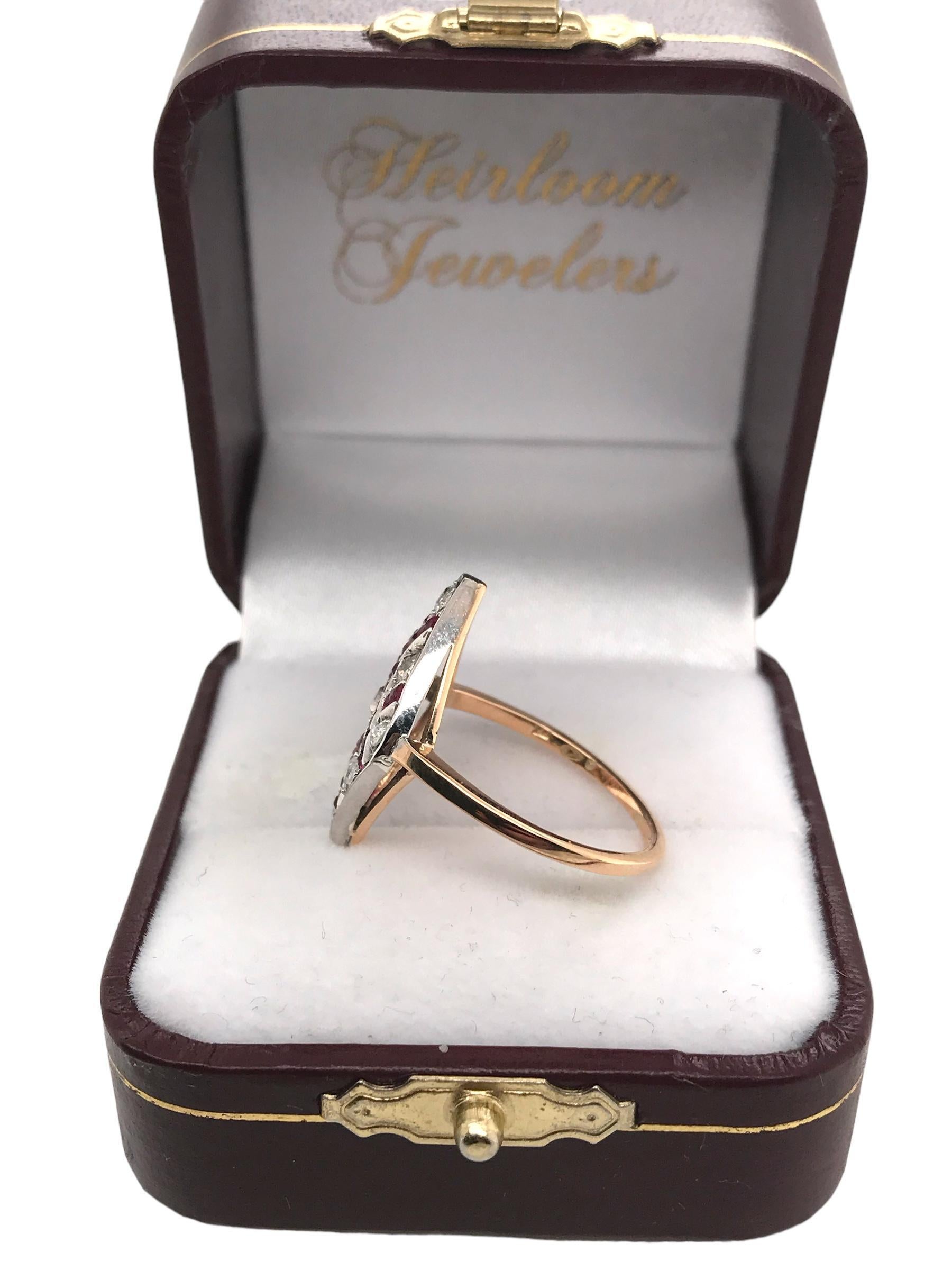 Art Deco Old Mine Cut & Ruby Cocktail Ring 18K Gold For Sale 4