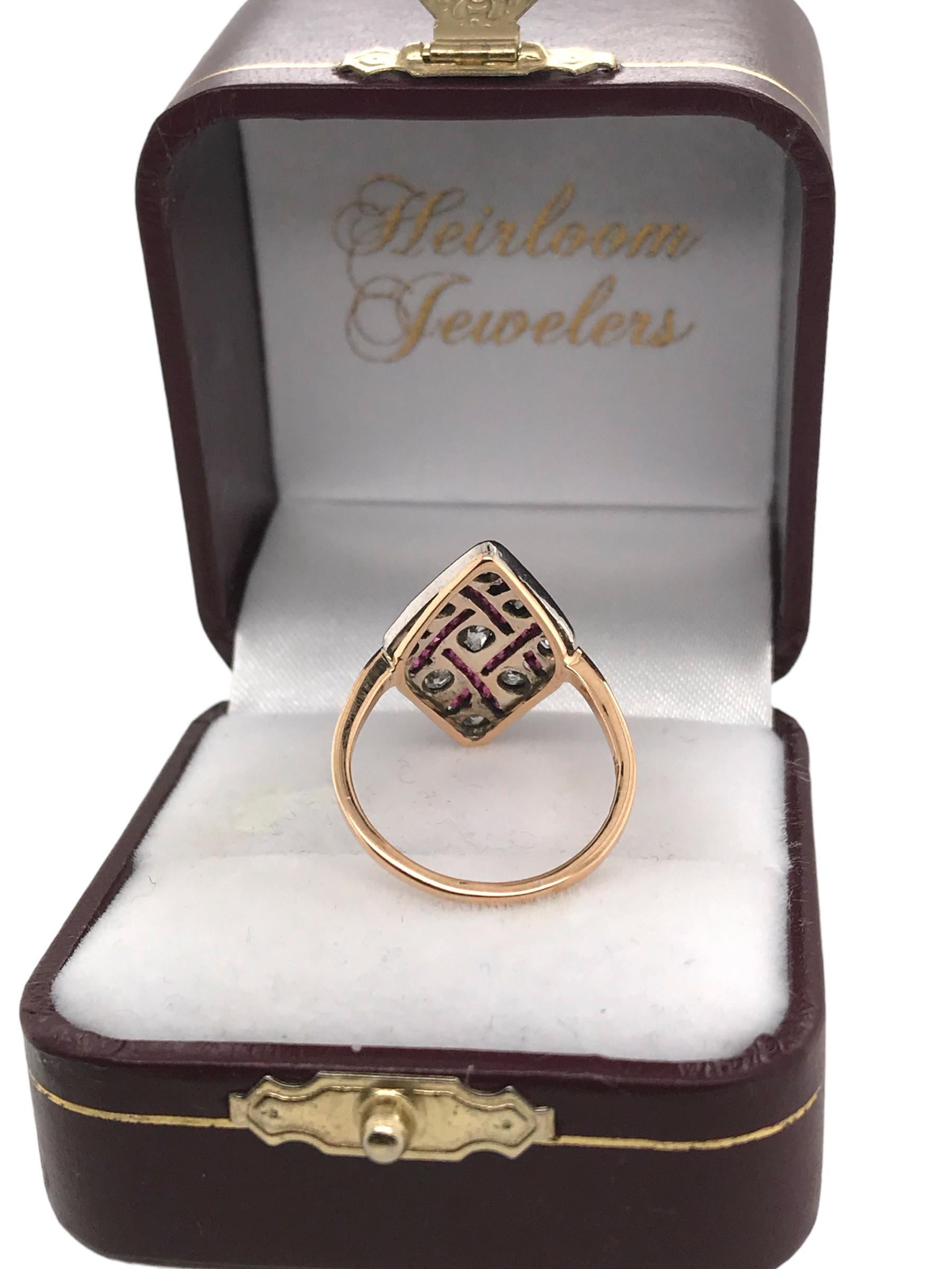 Art Deco Old Mine Cut & Ruby Cocktail Ring 18K Gold For Sale 5