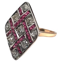 Antique Art Deco Old Mine Cut & Ruby Cocktail Ring 18K Gold