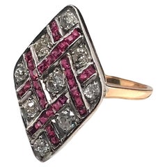 Art Deco Old Mine Cut & Ruby Cocktail Ring 18K Gold