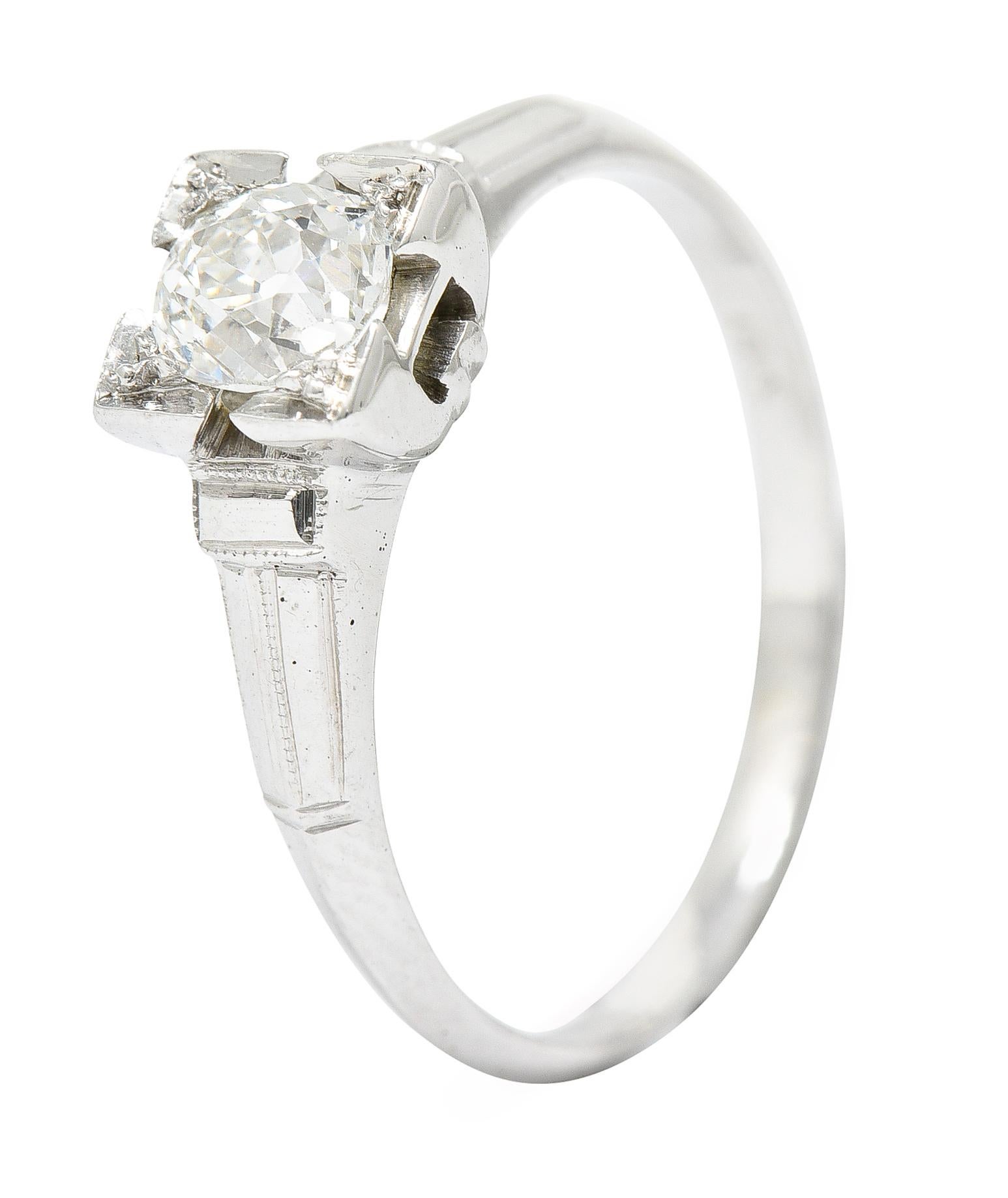 Art Deco Old Mine Diamond 18 Karat White Gold Engagement Ring 2