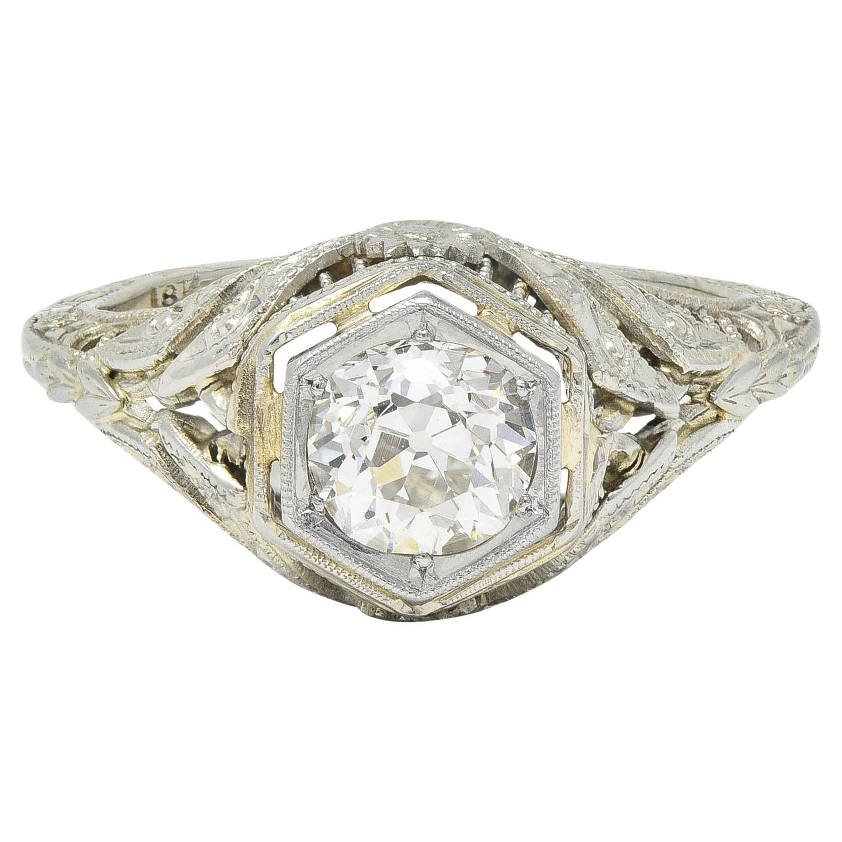 Art Deco Old Mine Diamond 18K Gold Vintage Orange Blossom Engagement Ring