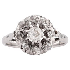 Art Deco Old Mine Diamond 18K White Gold Cluster Ring
