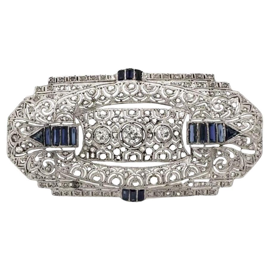 Art Deco Old Mine Diamond and Sapphire Platinum Brooch