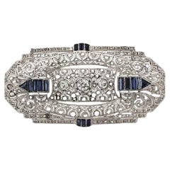 Art Deco Old Mine Diamond and Sapphire Platinum Brooch