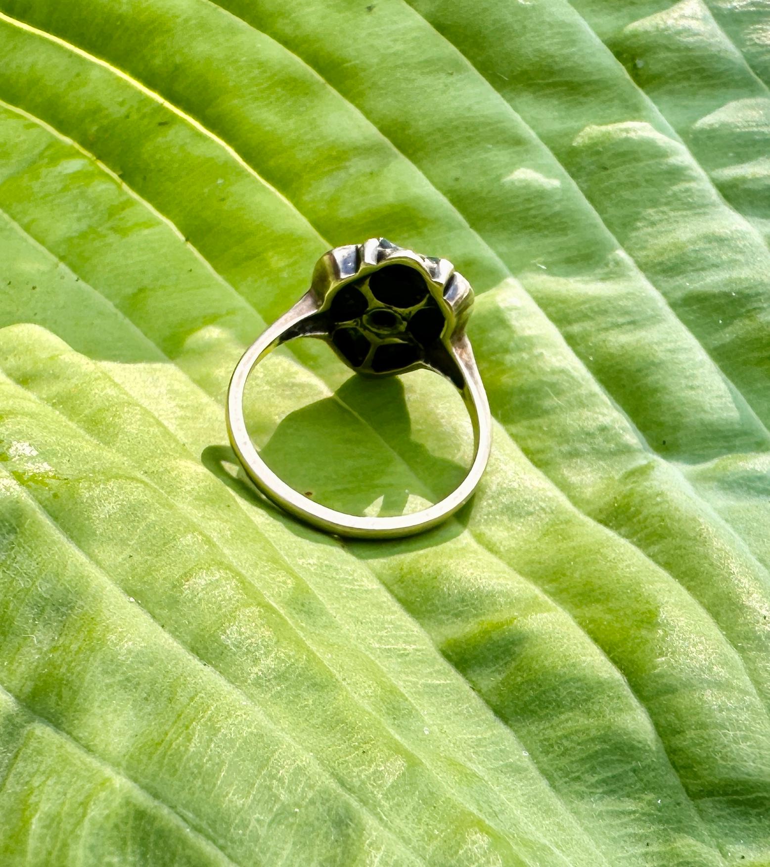 Art Deco Old European Diamond Black Onyx Heart Shield Ring Yellow Gold For Sale 2